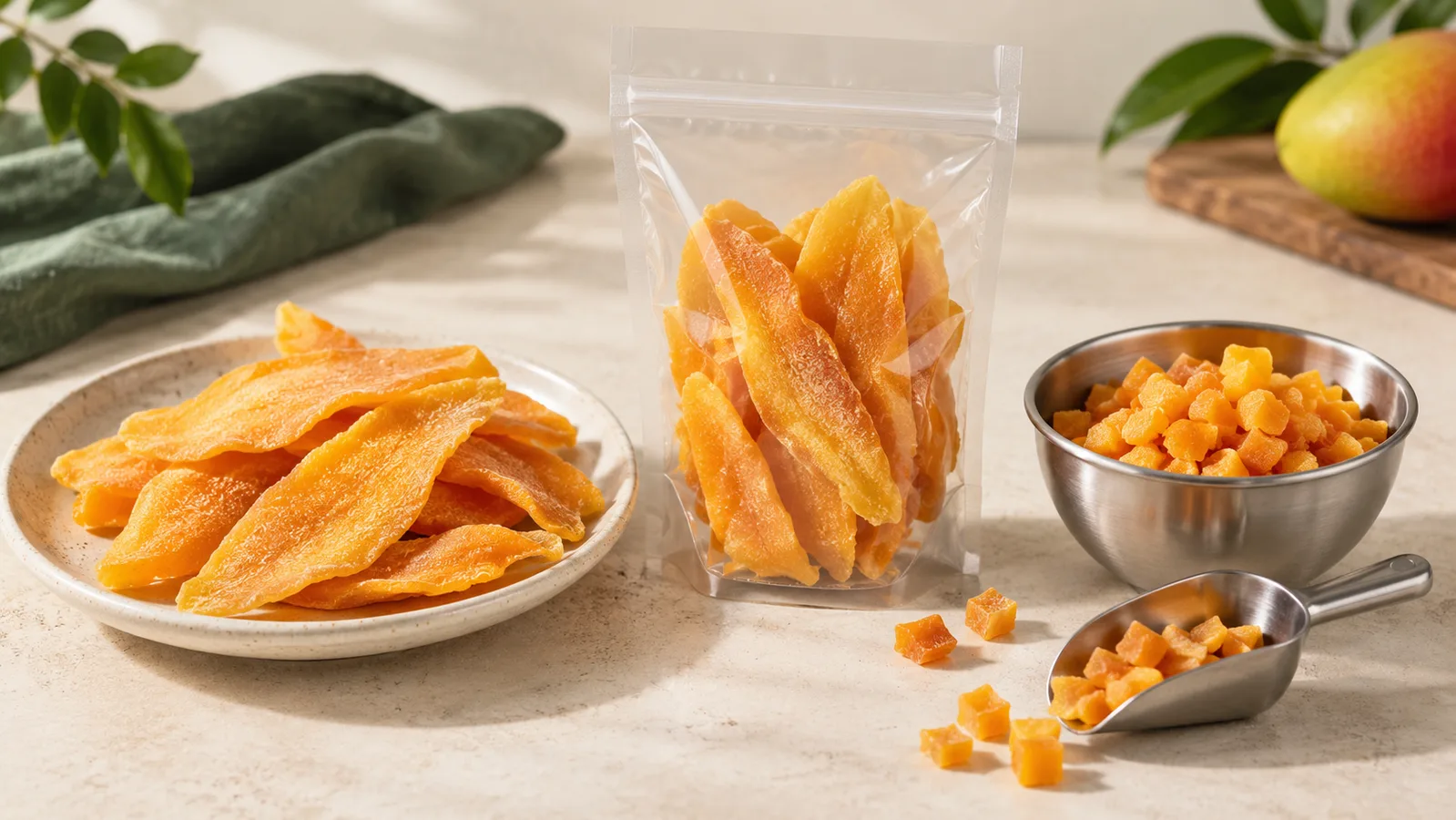 Kuivatut mangoviipaleet ja kuutioitu mango verrataan kahteen tuotekohtaan