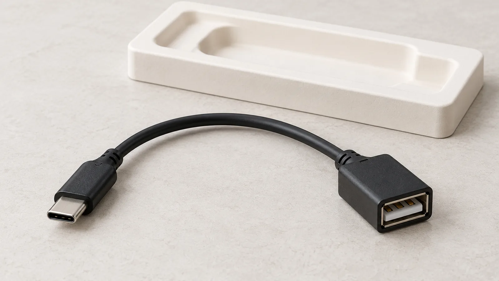 Yleinen USB-sovitinkaapeli, jonka molemmat liittimen päät näkyvät neutraalilla tarkastuspinnalla