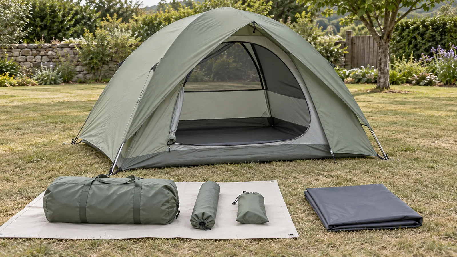 Salviavihreä kupoliteltta ja sen siististi järjestetty kantolaukku ja tarvikkeet