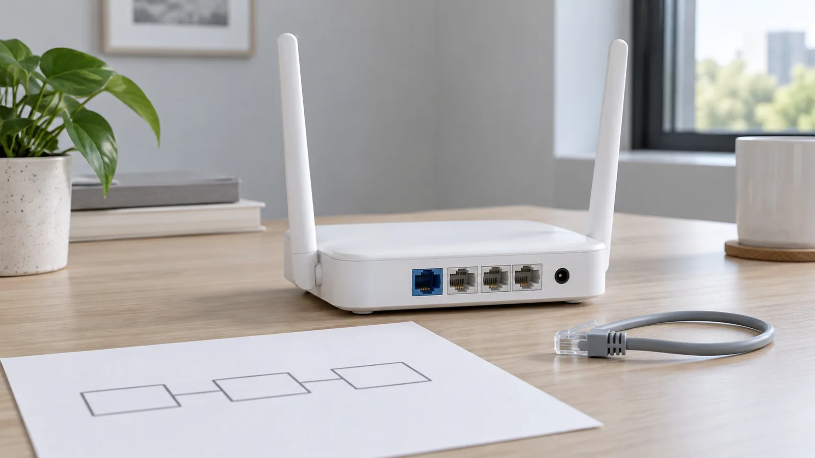 Merkkitön valkoinen pöytäkoneen Wi-Fi-reititin, jossa on näkyvissä takana olevat Ethernet-portit yksinkertaisen verkkokaavion vieressä