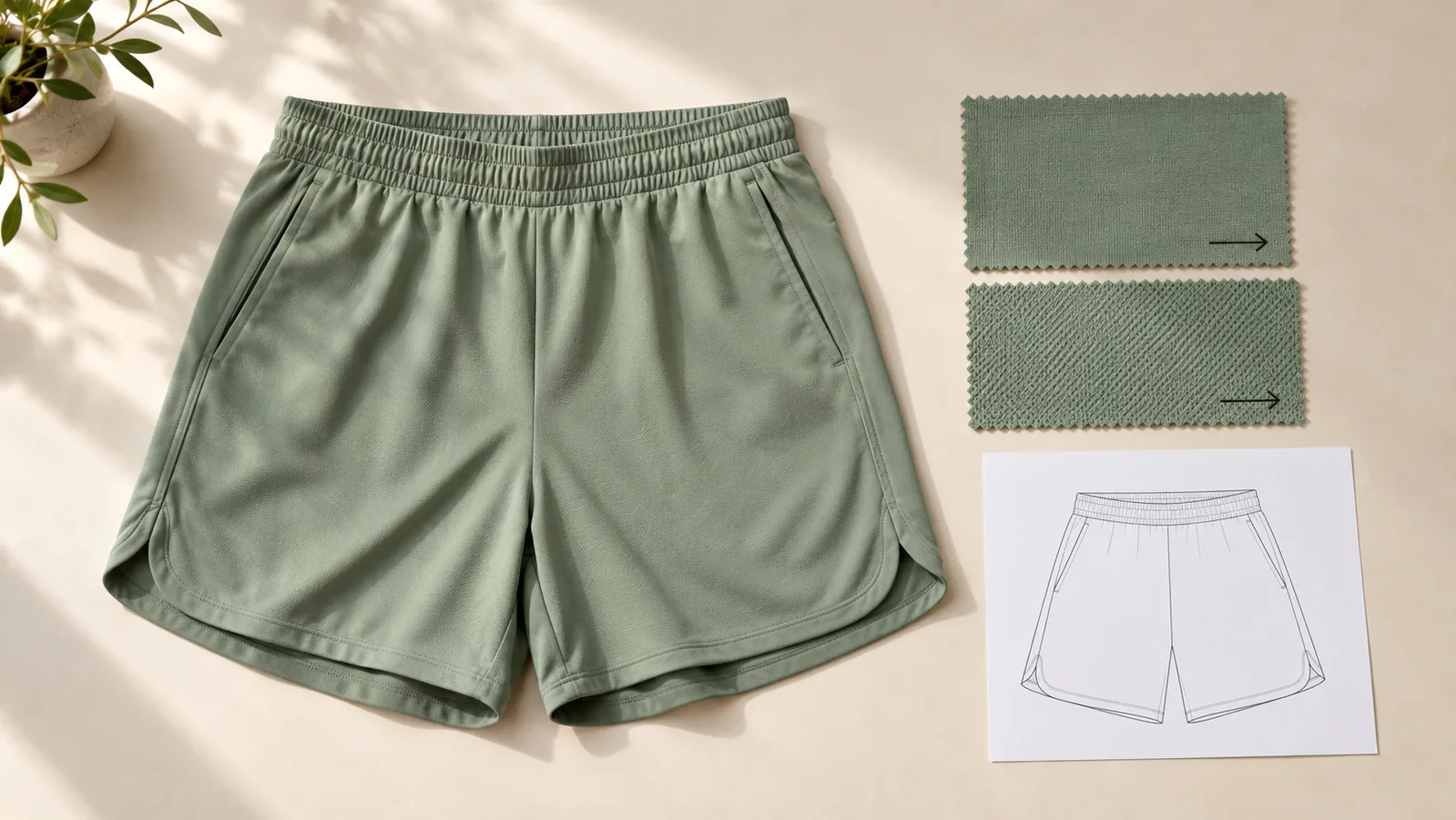 Activewear-shortsinäyte merkittyjen suuntaisten kangastilkkujen ja paneeliluonnoksen vieressä